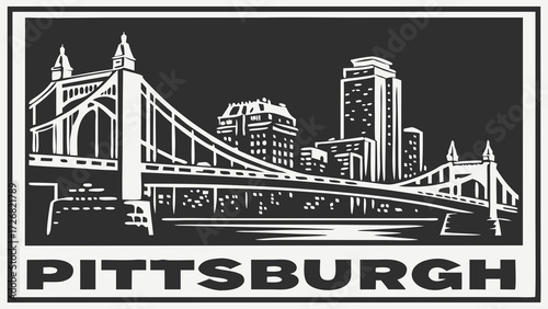 Pittsburgh skyline vector depicts cityscape in black and white. Suitable for posters, postcards, websites, and promotional materials.