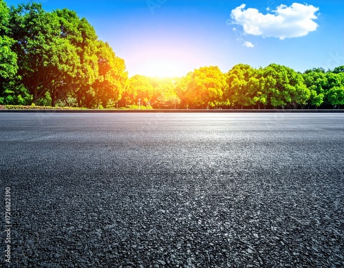 Asphalt road stretching into a park with lush green trees under a bright blue sky