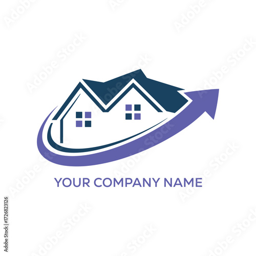 Real Estate House Logo Design with Roof and Arrow for Property Business and Construction