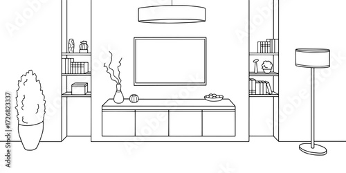 TV living room graphic black white home interior sketch illustration vector 