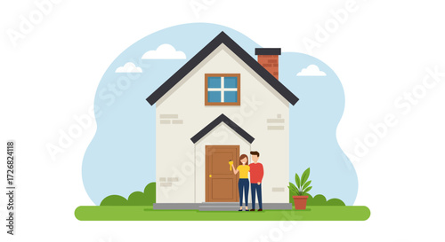A symbolic Flat Design illustration depicting the joyful moment of receiving or presenting new house keys, representing the achievement of simple home ownership. This minimalist image conveys a sense 