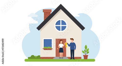 A symbolic Flat Design illustration depicting the joyful moment of receiving or presenting new house keys, representing the achievement of simple home ownership. This minimalist image conveys a sense 