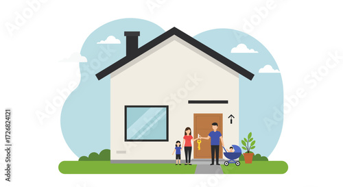 A symbolic Flat Design illustration depicting the joyful moment of receiving or presenting new house keys, representing the achievement of simple home ownership. This minimalist image conveys a sense 