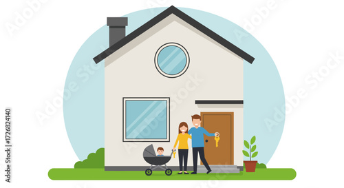 A symbolic Flat Design illustration depicting the joyful moment of receiving or presenting new house keys, representing the achievement of simple home ownership. This minimalist image conveys a sense 
