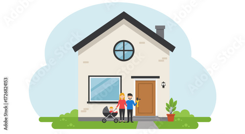 A symbolic Flat Design illustration depicting the joyful moment of receiving or presenting new house keys, representing the achievement of simple home ownership. This minimalist image conveys a sense 