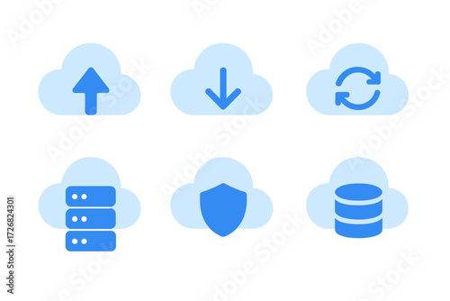 Cloud computing icons represent file transfer, data security, and server management in a modern digital environment