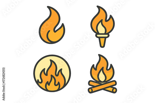 Bright and colorful flame symbols representing fire in various styles and forms