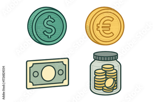 Currency symbols and savings jar illustrating global finance concepts in a simple design