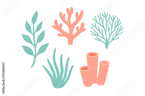 Colorful underwater plants and corals displayed in a vibrant arrangement for artistic purposes