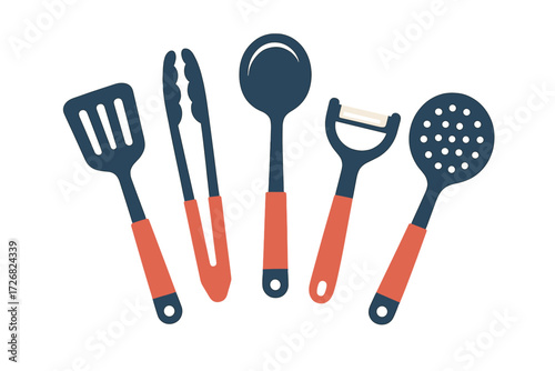 Essential kitchen utensils showcasing a variety of cooking tools with colorful handles for food preparation and serving