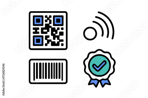 Various types of digital codes and verification symbols displayed on a simple background