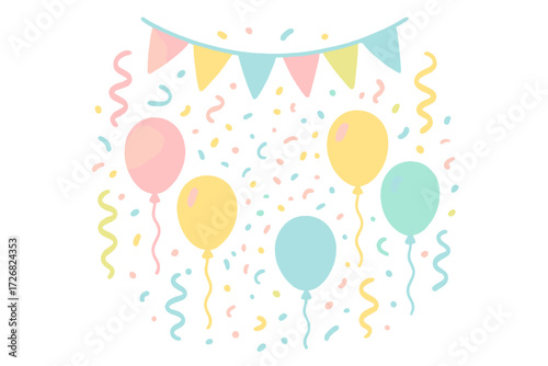 Colorful balloons and festive decorations create a joyful celebration atmosphere with confetti and streamers