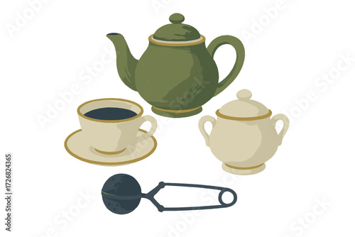Elegant green teapot and cream tea set arranged with tea strainer on a clean surface