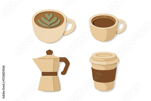 Creative coffee-themed illustrations featuring various cups and a coffee maker in warm tones
