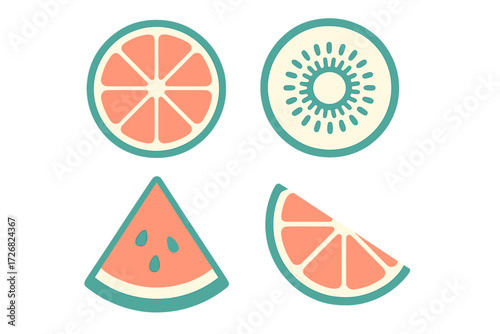 Colorful fruit slices showing fresh watermelon, orange, kiwi, and cucumber arranged in a simple design