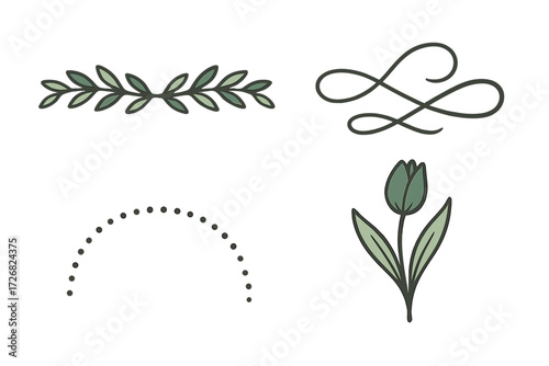Decorative botanical elements in simple line art for creative projects and designs