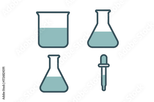 Laboratory equipment with beakers, flasks, and a dropper for scientific experiments and research purposes