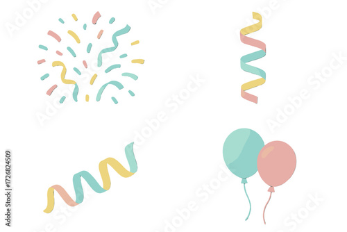 Colorful celebration decorations with confetti, ribbons, and balloons for a festive event or party occasion