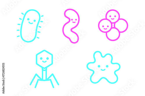Cute and colorful cartoon representations of various microorganisms smiling and interacting on a white background