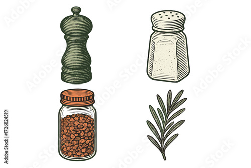 Kitchen spices and seasonings display featuring pepper, salt, herbs, and spices in a minimalistic style