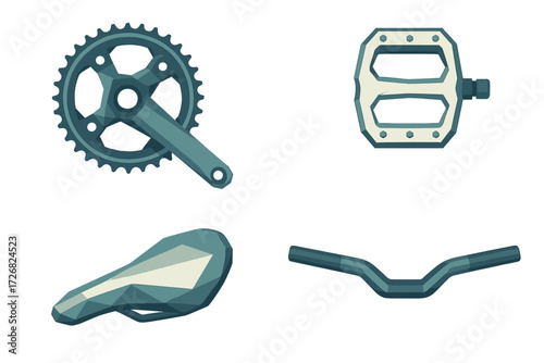 Bicycle parts displayed in stylized geometric design showcasing their features and shapes