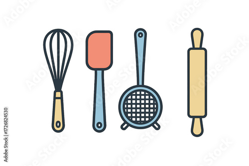 Kitchen tools displayed on a countertop for baking and cooking preparation in a domestic setting