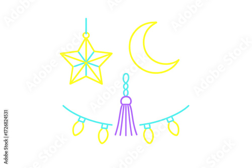 Colorful neon decorations creating a festive atmosphere with stars, moon, and string lights for a joyful celebration