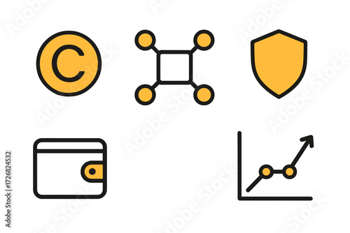 Yellow and black icons representing copyright, networking, security, wallet, and financial growth on a simple background