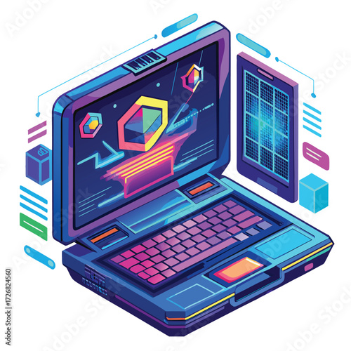 Business technology concept of a digital notebook with a screen displaying a lot of money and books