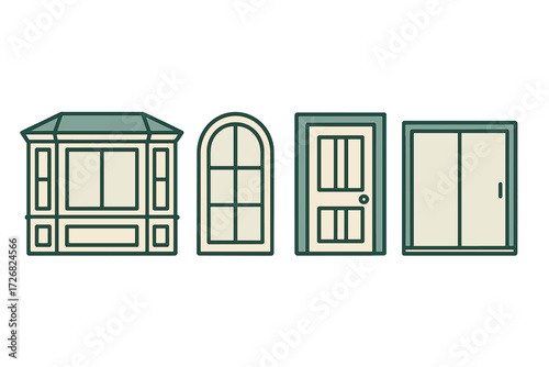 Different types of windows and doors displayed in a simple graphic, showcasing various architectural designs and styles