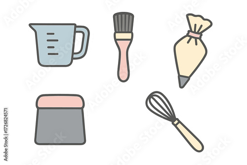 Essential baking tools laid out for a creative kitchen session, featuring measuring cup, brush, piping bag, and whisk