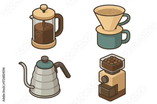 Various coffee brewing tools including a French press, pour-over, kettle, and grinder in a simple design