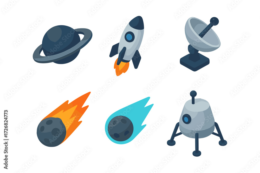 Fototapeta premium Colorful space icons depicting planets, rockets, satellites, and comets in a playful and modern style