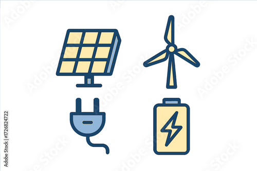 Renewable energy sources including solar panels, wind turbines, and batteries for sustainable living