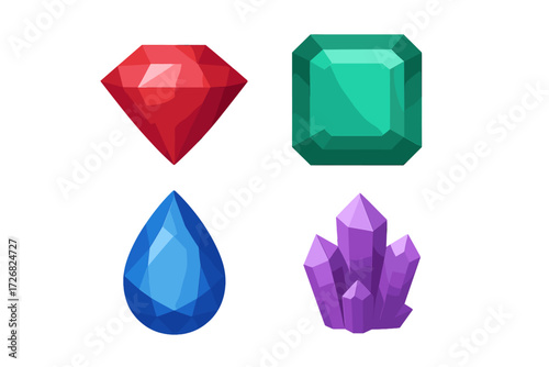 Colorful collection of gemstones including a red diamond, green emerald, blue drop, and purple crystal