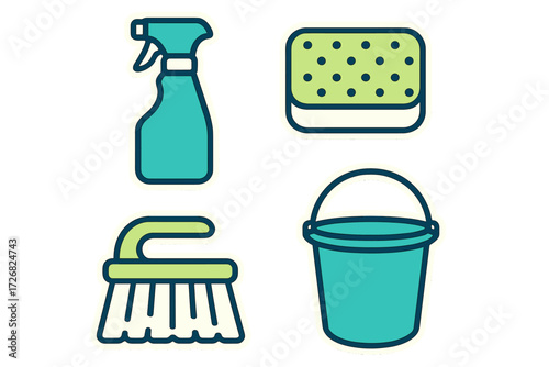 Cleaning supplies including a spray bottle, sponge, broom, and bucket ready for use in a tidy home environment