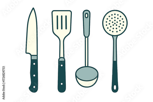 Kitchen utensils including knife, spatula, ladle, and strainer for cooking and food preparation