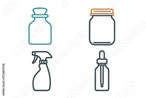 Various simple line drawings of containers and tools for cleaning and dispensing liquids