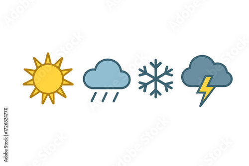 Weather symbols representing sun, rain, snow, and thunderstorms in a clear style