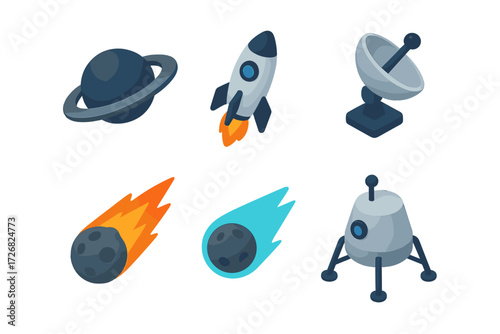 Colorful space icons depicting planets, rockets, satellites, and comets in a playful and modern style