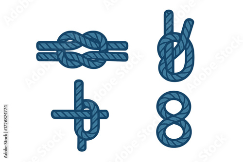 Various knots displayed in a clear and simple style to illustrate basic knot tying techniques for outdoor activities and sailing fun
