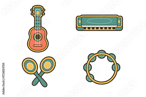 Colorful musical instruments including a ukulele, harmonica, maracas, and tambourine on a white background