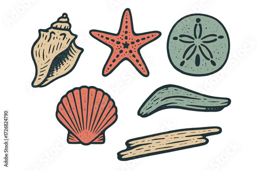 Colorful assortment of seashells and starfish captured in a vibrant style on a light background