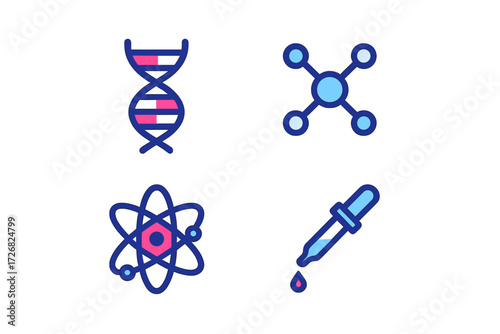 Colorful scientific icons representing DNA, molecules, atoms, and pipettes for educational purposes
