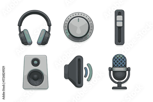 Collection of audio equipment icons including headphones, microphone, speakers, and volume controls