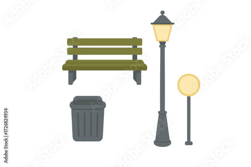 Park scene with a wooden bench, street lamp, trash can, and signpost in a simple illustration style