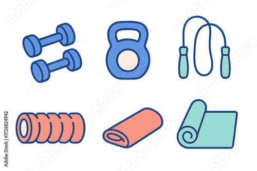 Various fitness equipment including dumbbells, kettlebell, jump rope, foam roller, and exercise mats for home workouts