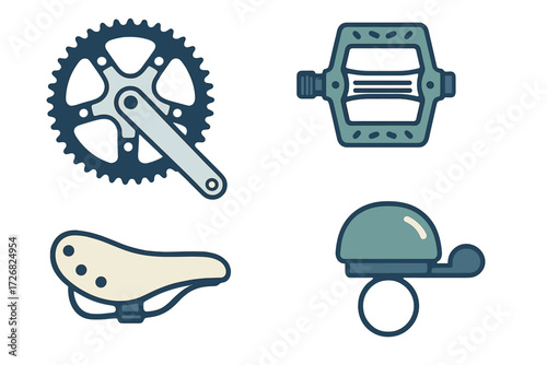 Detailed illustration of bicycle components such as crankset, pedal, saddle, and bell