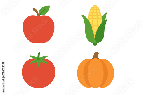 Colorful display of fruits and vegetables with apple, corn, tomato, and pumpkin in a bright design