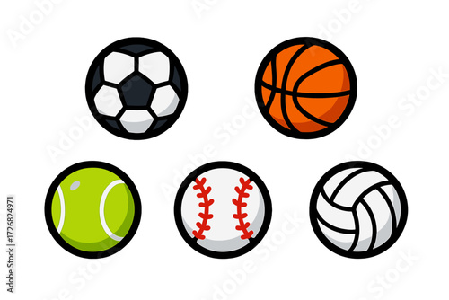 Various sports balls arranged together showing soccer, basketball, tennis, baseball, and volleyball in a colorful design